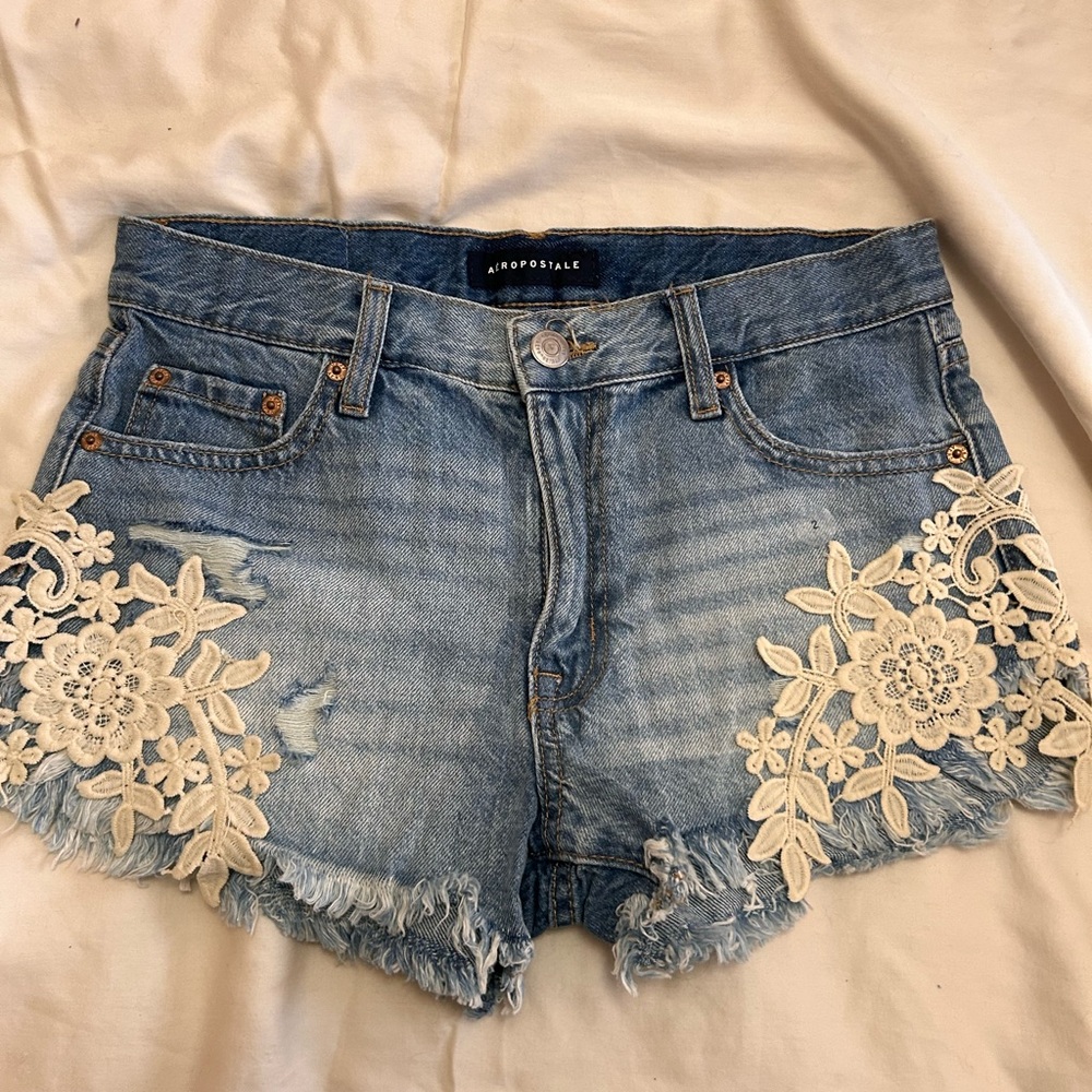 Aeropostale Women's Light Blue Jean Shorts with White Lace